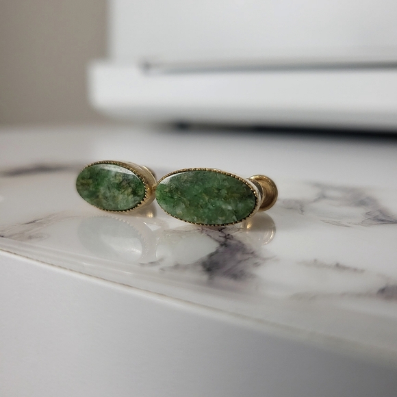 Vintage Curtis dce 14K Gold Filled Green Jade Screwback Earrings - Picture 7 of 14